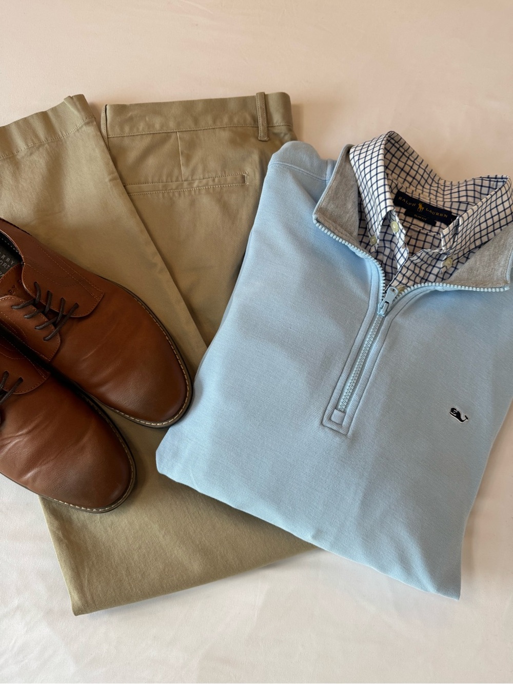 Vineyard Vines Light Blue Quarter-Zip Pullover with Tan Chinos